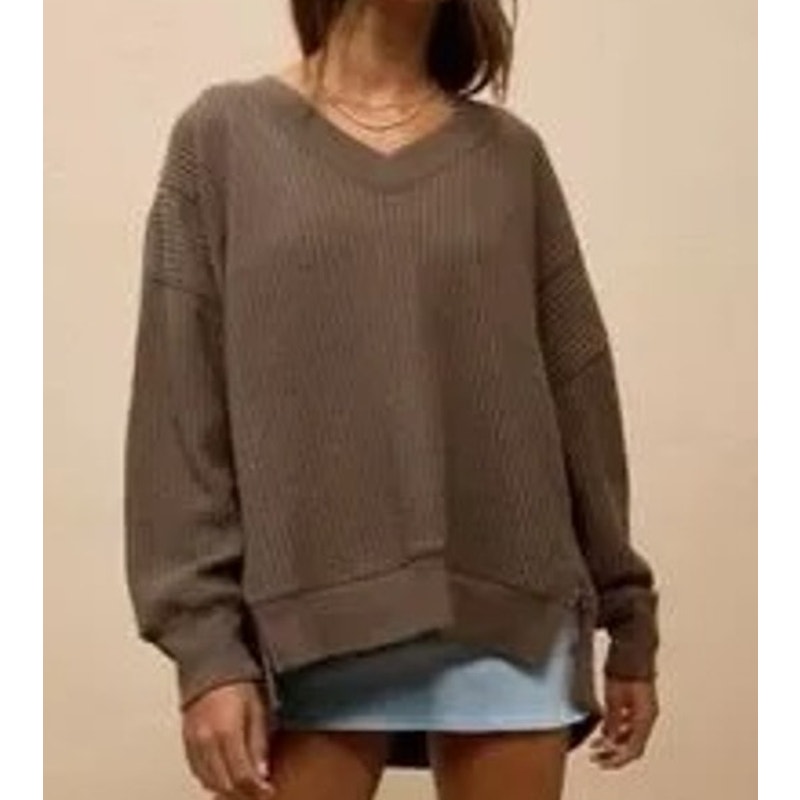 American Eagle Big Hug Waffle V Neck Oversized Sweatshirt Brown Medium