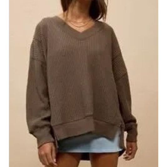 American Eagle Big Hug Waffle V Neck Oversized Sweatshirt Brown Medium