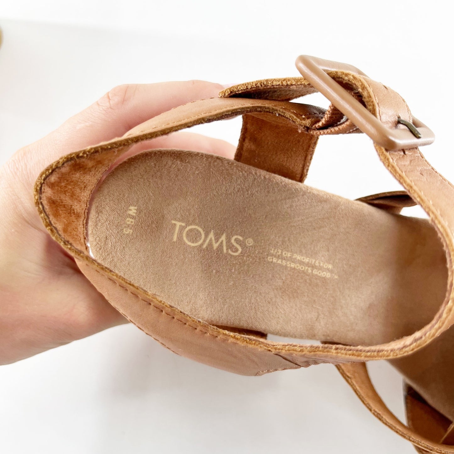 TOMS Ava Cork Block Heel Leather Sandals Brown 8.5