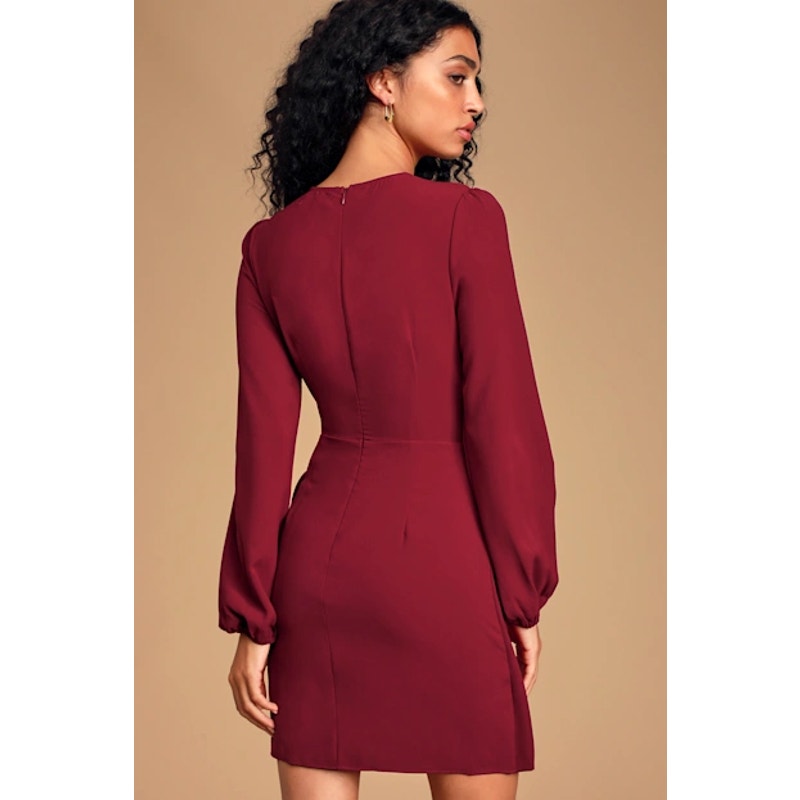 Lulus Believe It or Knot Long Sleeve Tie-Front Skater Dress Wine Red Small