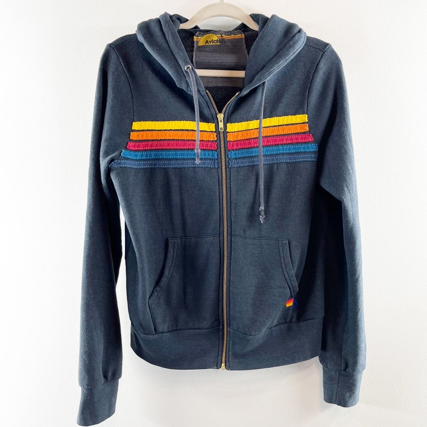 Aviator Nation 5 Stripe Full Zip Hoodie Sweatshirt Navy Blue Small
