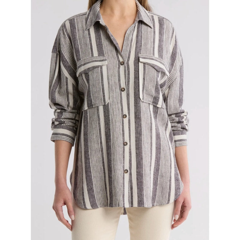 Sanctuary Linen Blend Pocket Striped Long Sleeve Button Down Shirt Blue White XS
