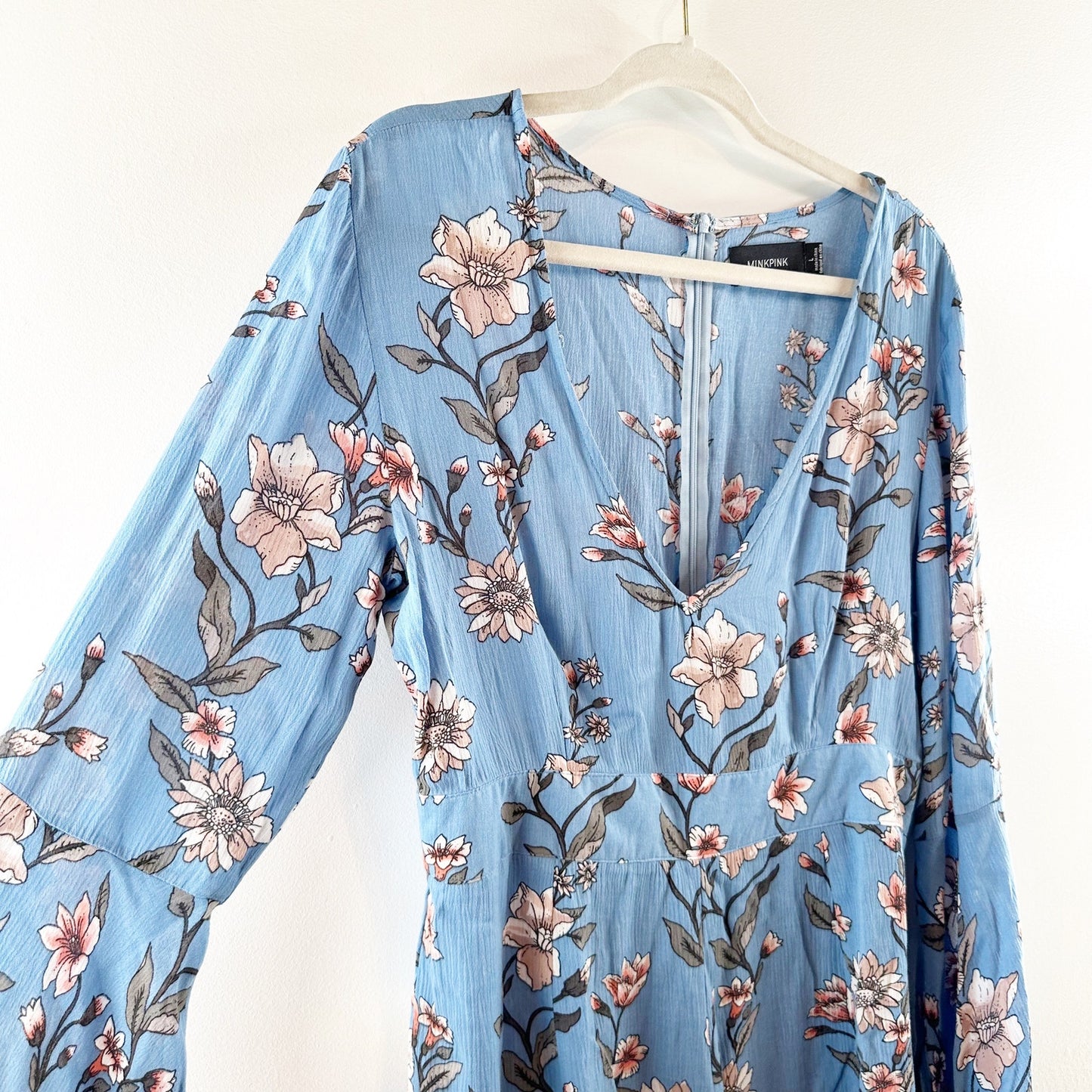 Minkpink Somerset Long Bell Flare Sleeve Floral Shorts Romper Blue Large