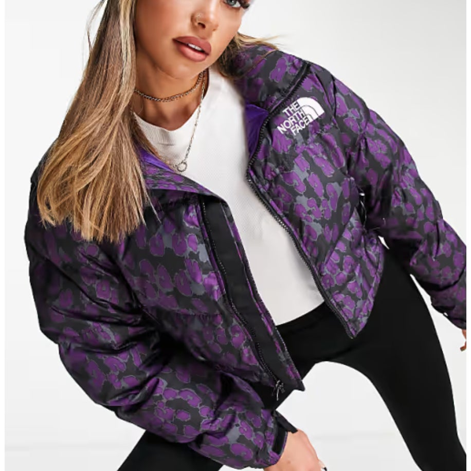 The North Face Purple Leopard Nuptse Cropped Puffer Jacket Small