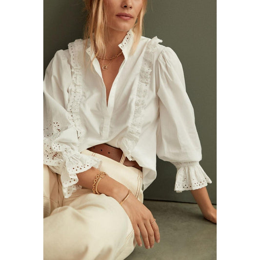 Maeve Anthropologie Long Sleeve Ruffle Eyelet Blouse Top White XS