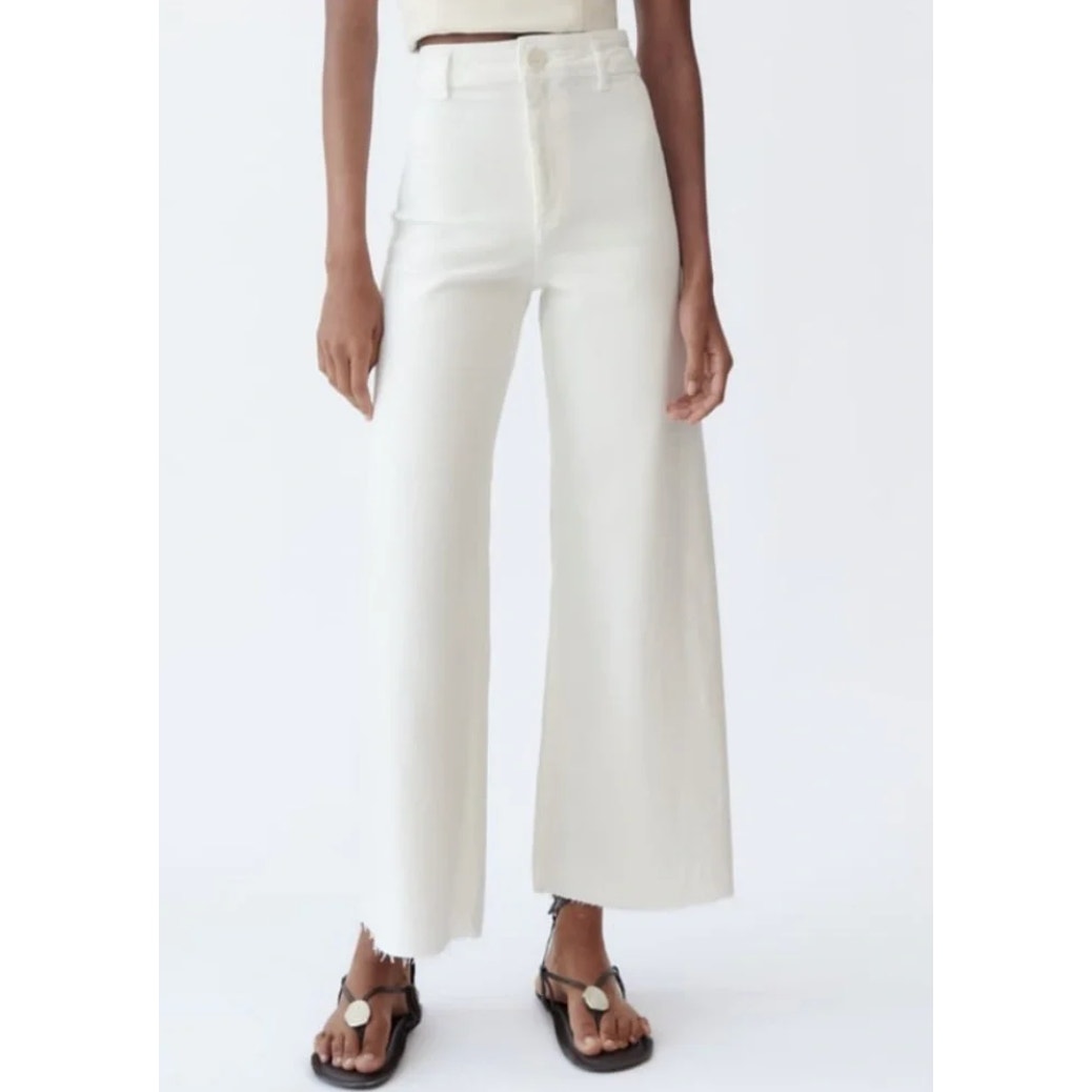 Zara Marine High Rise Frayed Hem Denim Straight Leg Jeans White 8