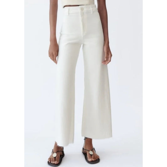 Zara Marine High Rise Frayed Hem Denim Straight Leg Jeans White 8