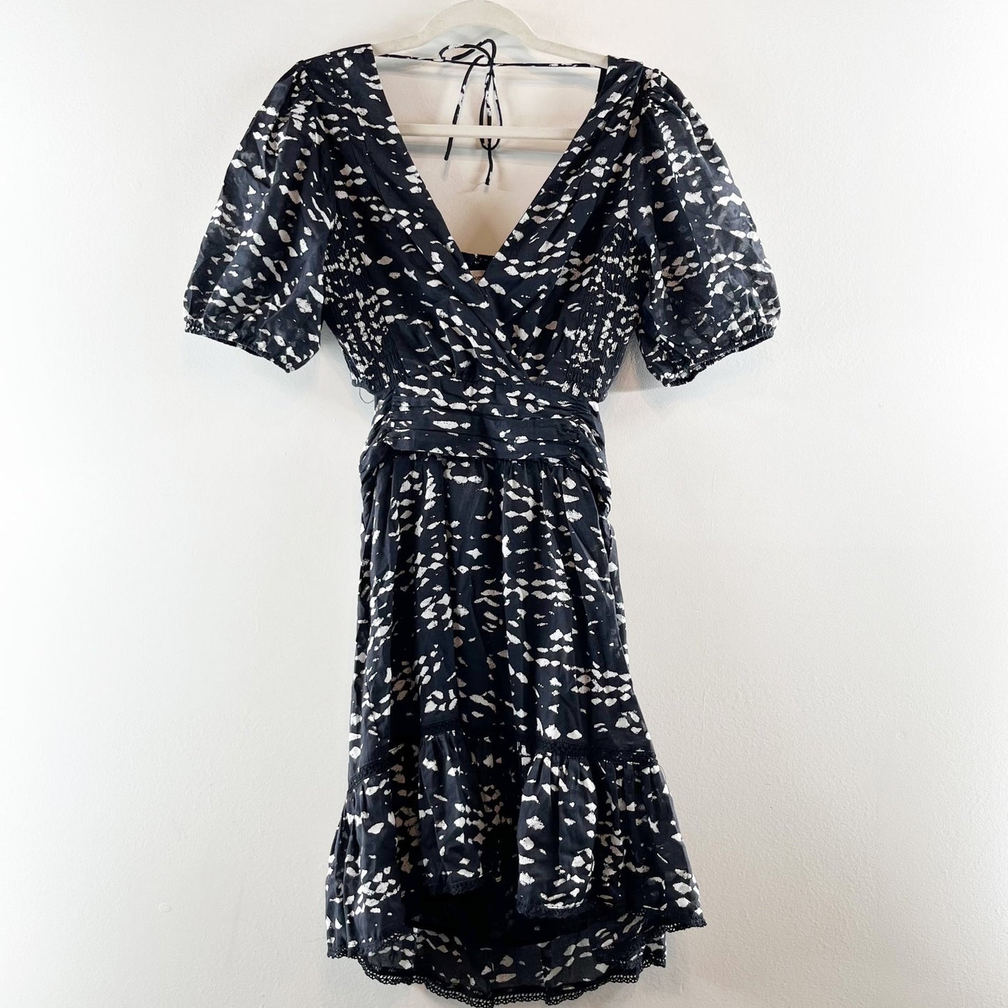 Heartloom Printed Puff Sleeve Surplice V-Neck Cutout Mini Dress Black Small