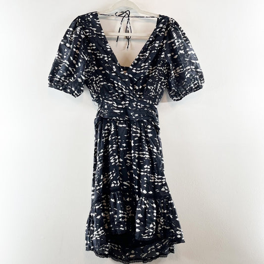 Heartloom Printed Puff Sleeve Surplice V-Neck Cutout Mini Dress Black Small