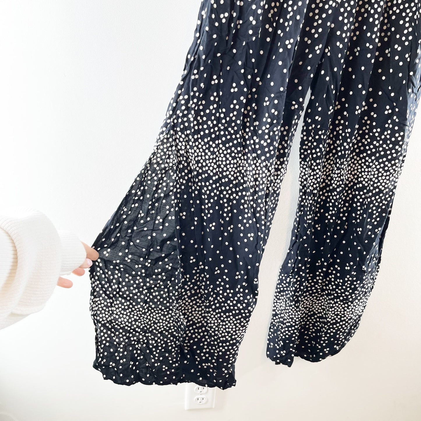 Blue Island Dotted Strapless Smocked Wide Leg Beach Pants Black White Large