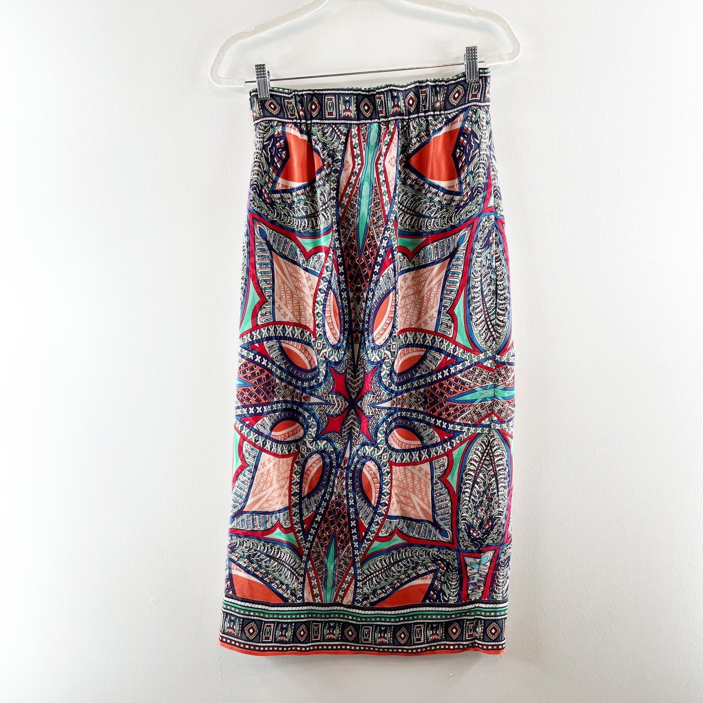 Maeve Anthropologie Silk Printed Faux Wrap Satin Midi Skirt Blue Green 0