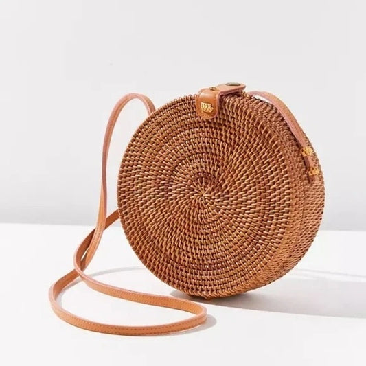 Circle Round Rattan Wicker Long Crossbody Bag Purse Brown