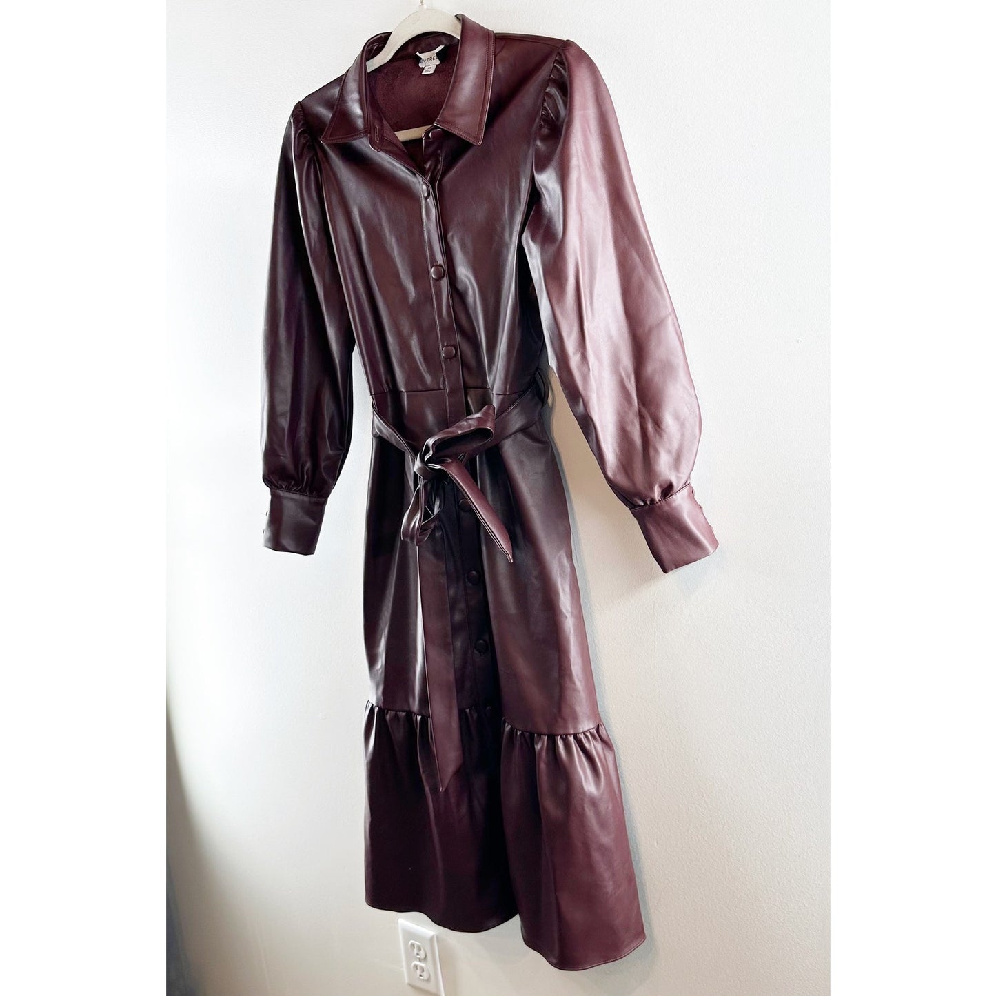 Evereve Isabella Long Sleeve Button Up Faux Leather Midi Dress Burgundy Brown XS