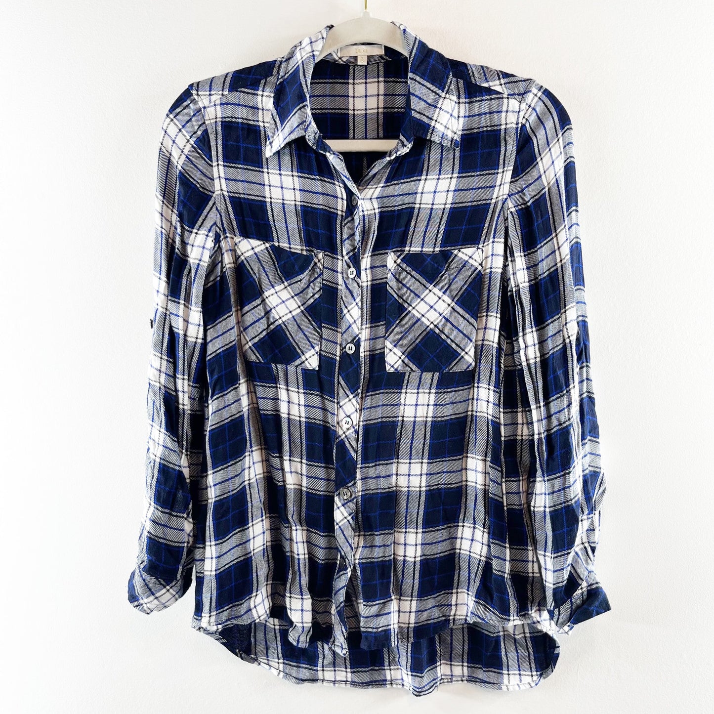 Laju Button Down Long Sleeve Plaid Flannel Shirt Top Blouse Blue Small
