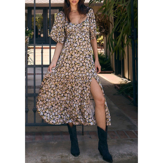 Saltwater Luxe Kathryn Floral Short Puff Sleeve Midi Dress Tan Large