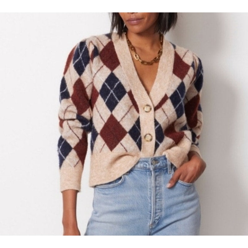 RD Style Evereve V Neck Argyle Cardigan Sweater Tan Beige XS