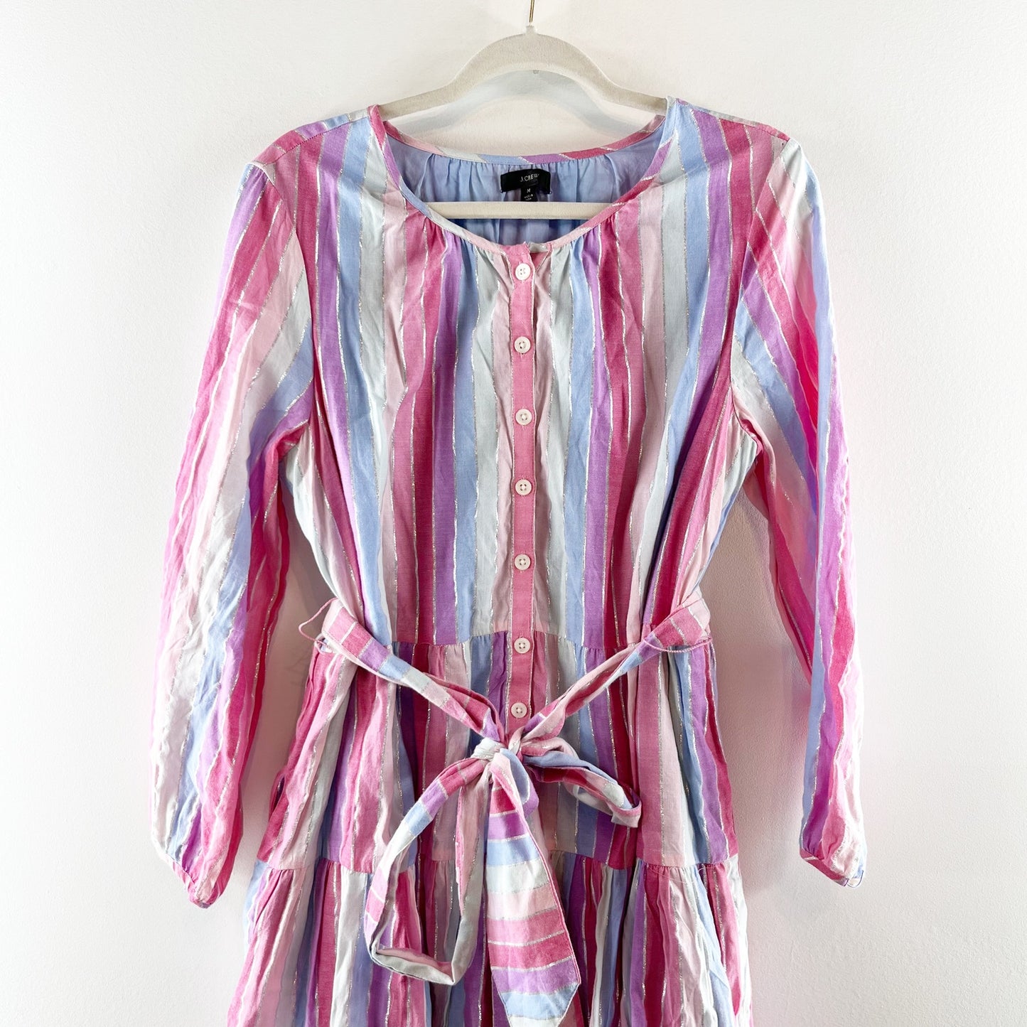 J. Crew Belted Button Up Long Sleeve Mini Dress in Pastel Stripe Purple Pink M