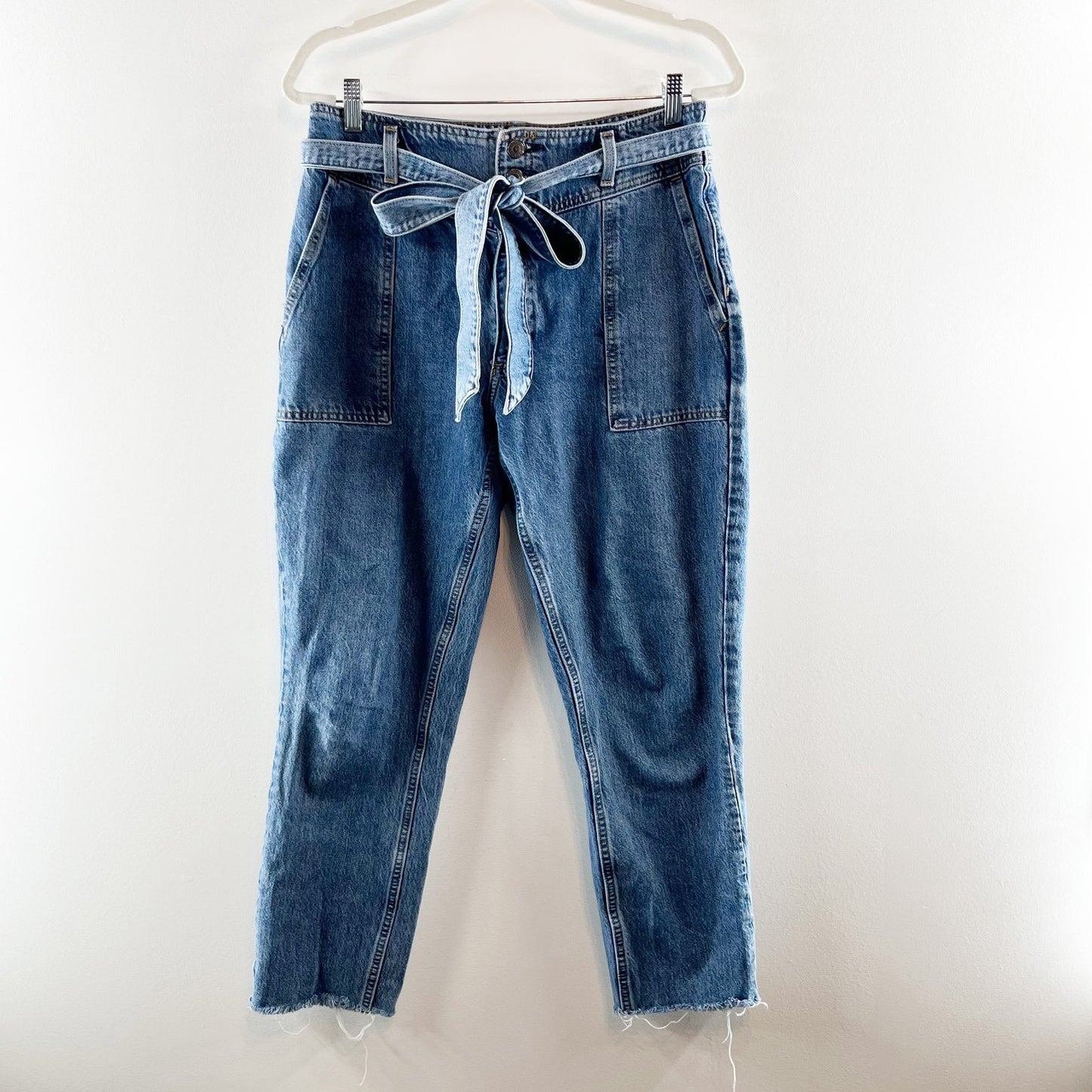 Abercrombie & Fitch High Rise Mom Paperbag Waist Belted Tapered Jeans Blue 8