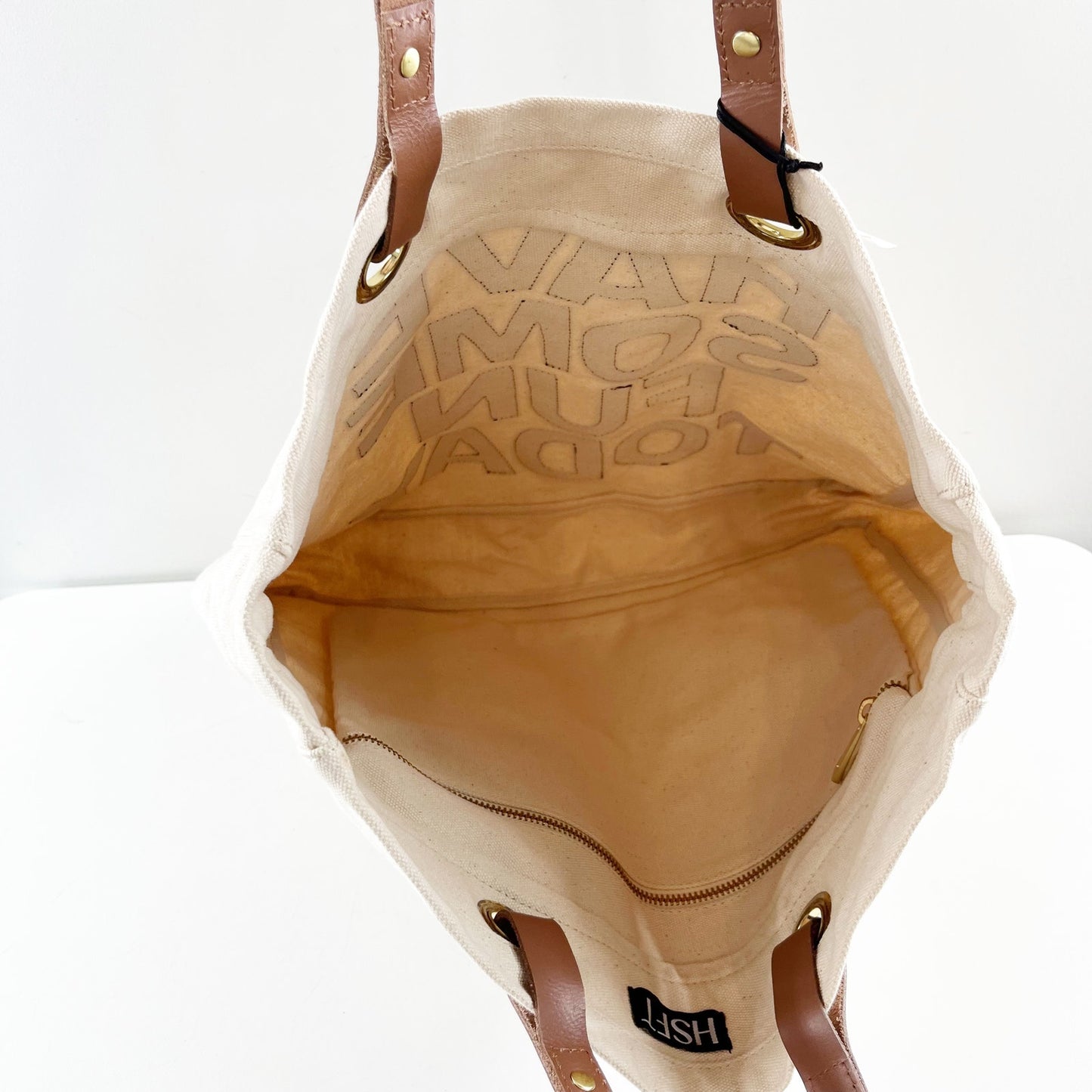 HSFT Have Some Fun Today Luxe Canvas Tote Bag Cream Black Brown