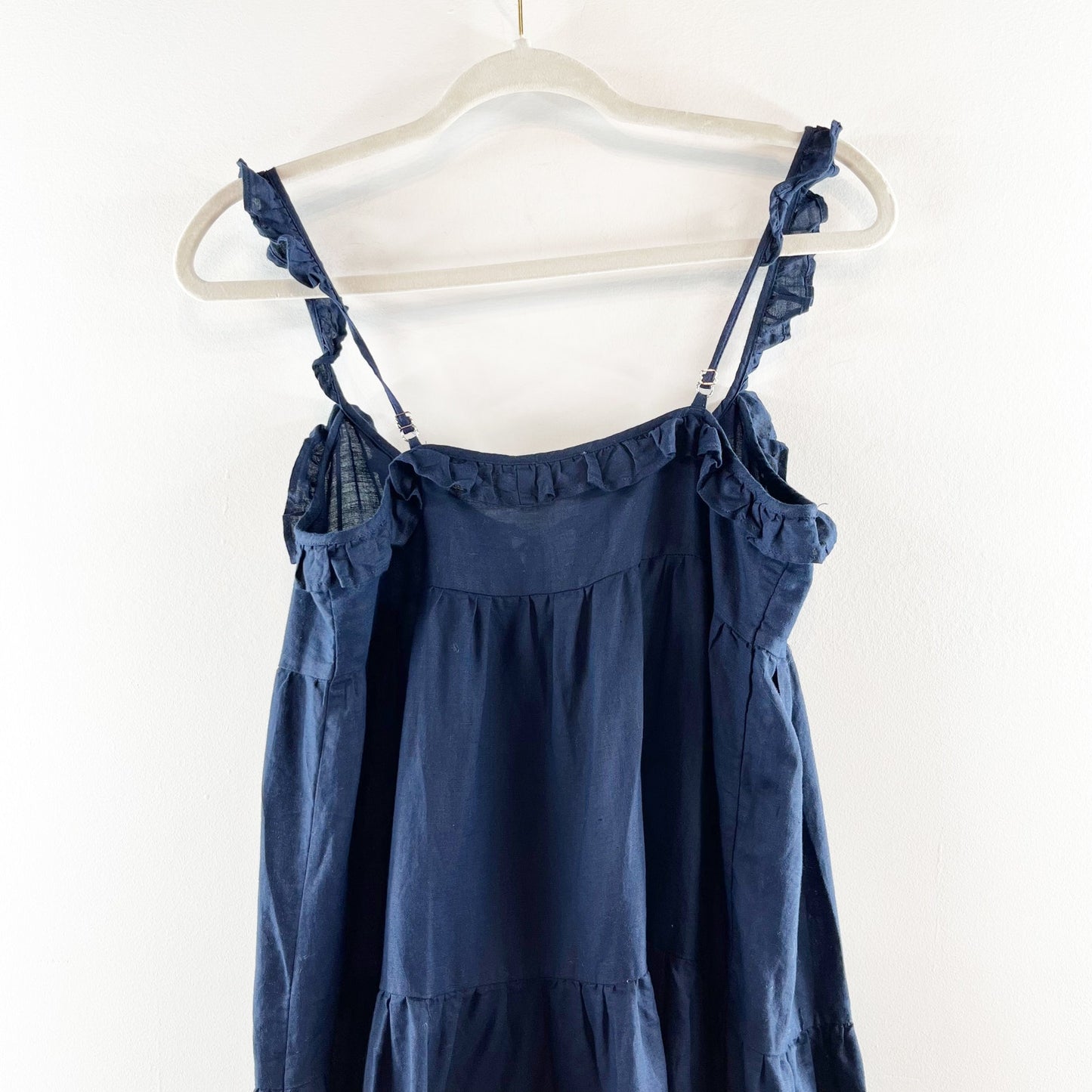 J. Crew Tiered Ruffle Strap Midi Beach Dress in Crinkle Cotton Navy Blue XS