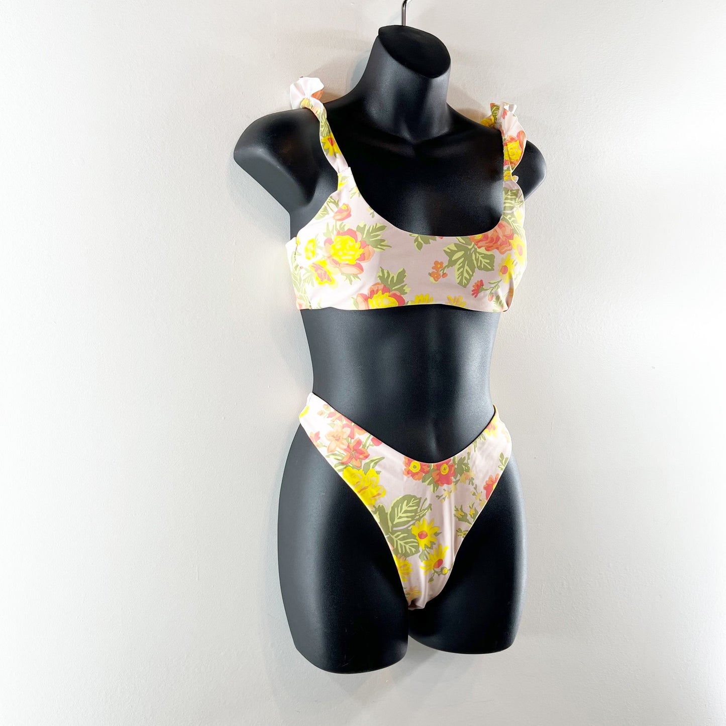 Aerie Printed Ruffle Scoop Bikini Top & High Cut Cheekiest Bikini Bottom Set M