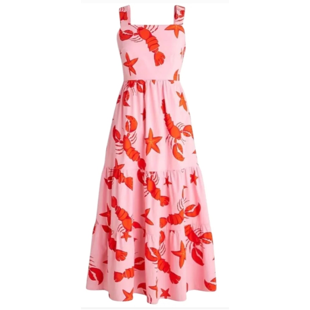 J. Crew Sleeveless Square Neck Lobster Print Midi Dress Pink Red 4