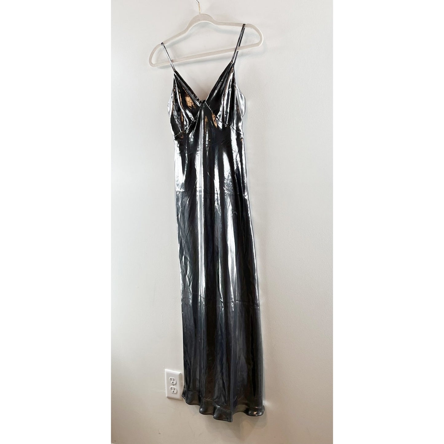 Anthropologie Metallic V Neck Slip Midi Dress Silver Gray XXS