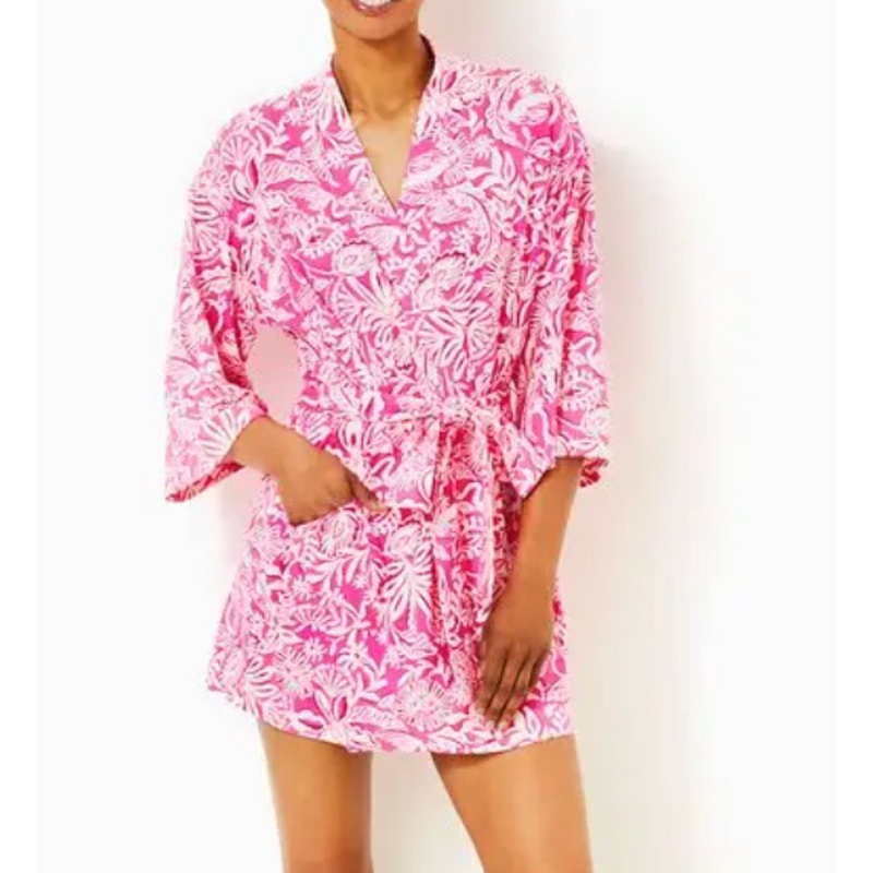 Lilly Pulitzer Dianne Knit Long Sleeve Belted Mini Robe Passion Fruit Pink L/XL