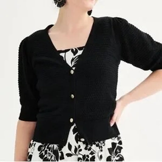Draper James Short Puff Sleeve V Neck Button Up Cardigan Sweater Black Large