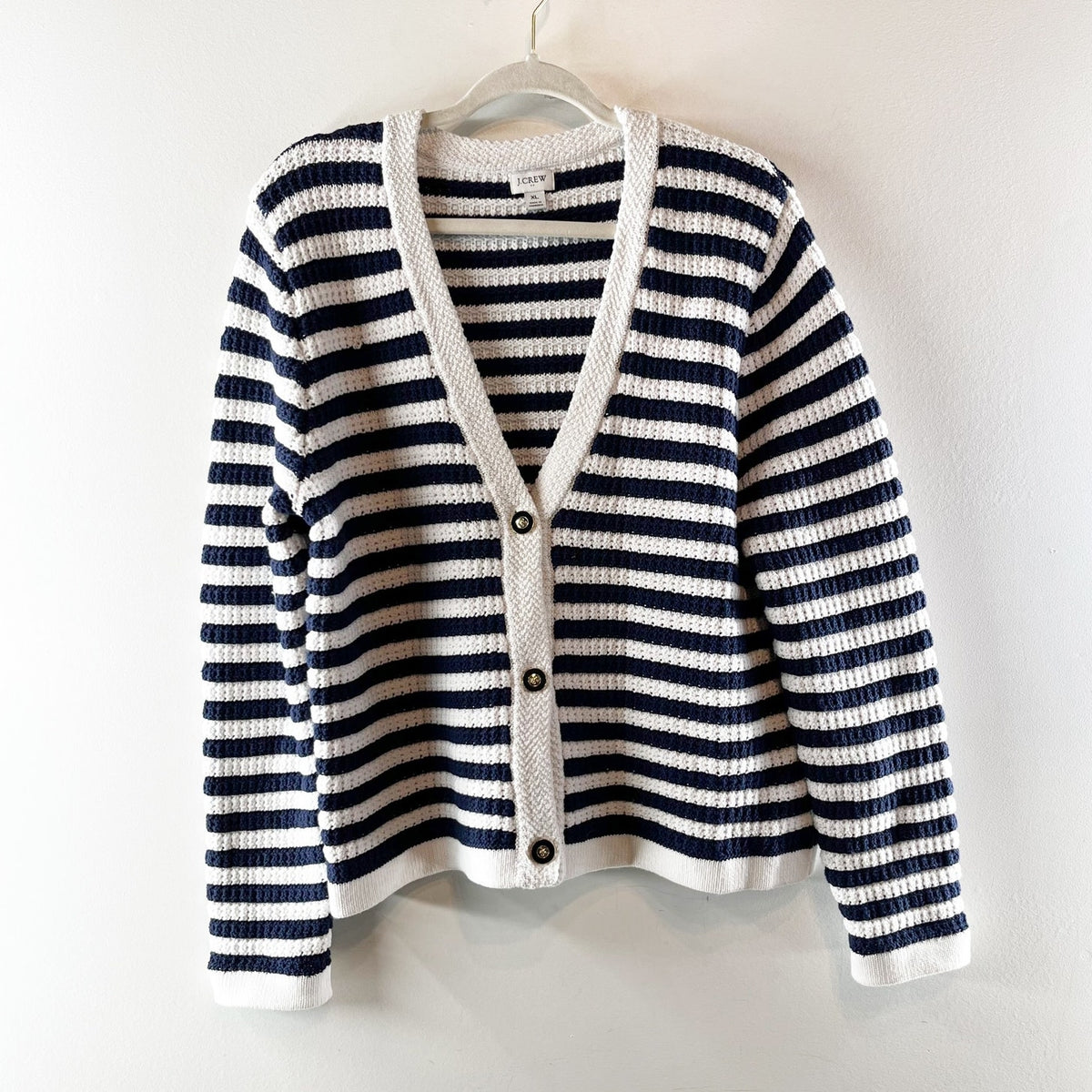 J. Crew Striped V-Neck Cardigan Sweater White Blue XL