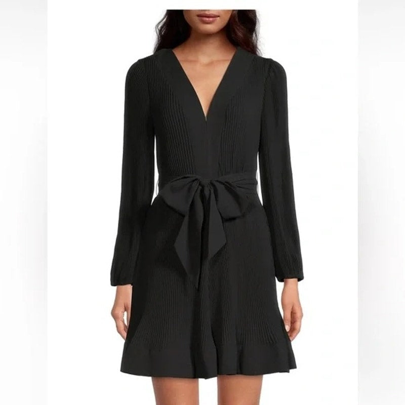 Milly V Neck Long Sleeve Pleated Liv Belted Mini Dress Black 0
