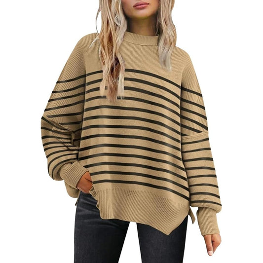 Illusory Crewneck Ribbed Oversized Drop Shoulder Striped Sweater Khaki Tan XL