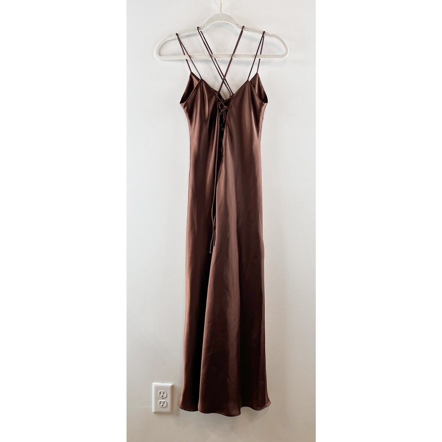 Zara Satin Sleeveless V-Neck Spaghetti Strappy Slip Midi Dress Dark Brown XS