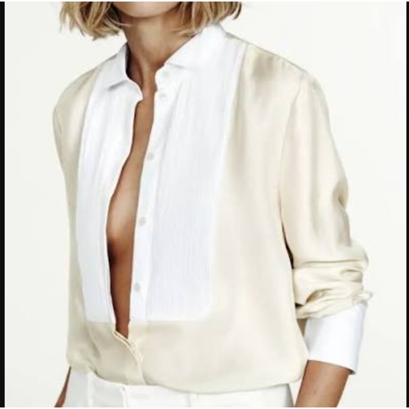 ZARA Silk Long Sleeve Bib Button Down Blouse Shirt Champagne Tan White Small