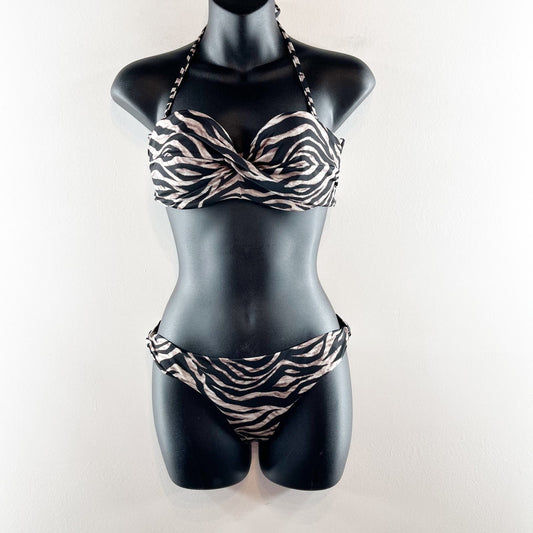 H&M Zebra Print Two Piece Bikini Balconette Halter Top Brown Medium