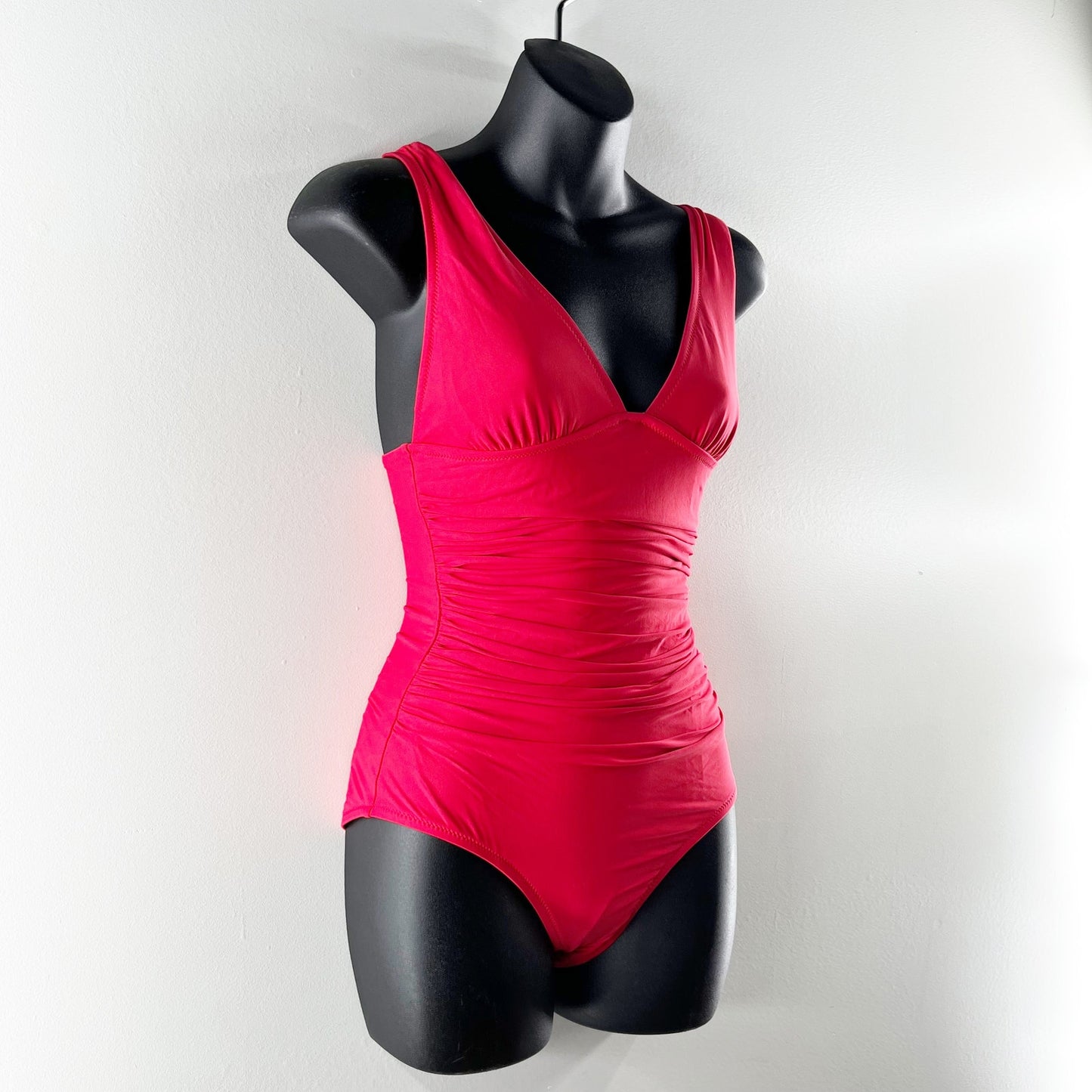 J. Crew V Neck Ruched Femme One Piece Full Coverage Bathing Suit Red Pink 2