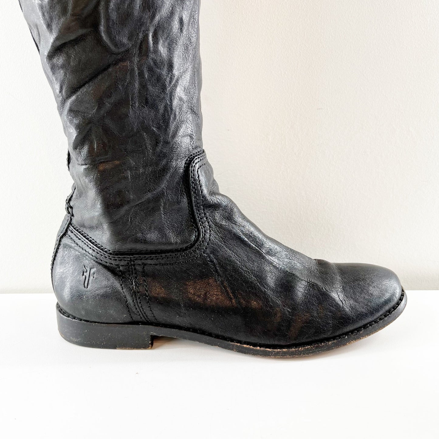 FRYE Anna Round Toe Flat Leather Riding Equestrian Knee High Boots Black 8
