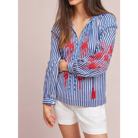 Anthropologie Ranna Gill Striped Long Sleeve Embroidered Peasant Blouse Blue S