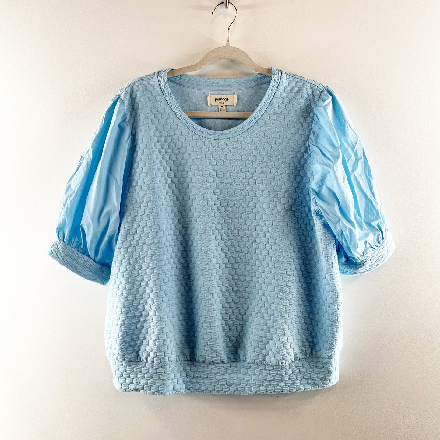 Porridge Antropologie Textured Short Puff Sleeve Top Blouse Light Blue XL