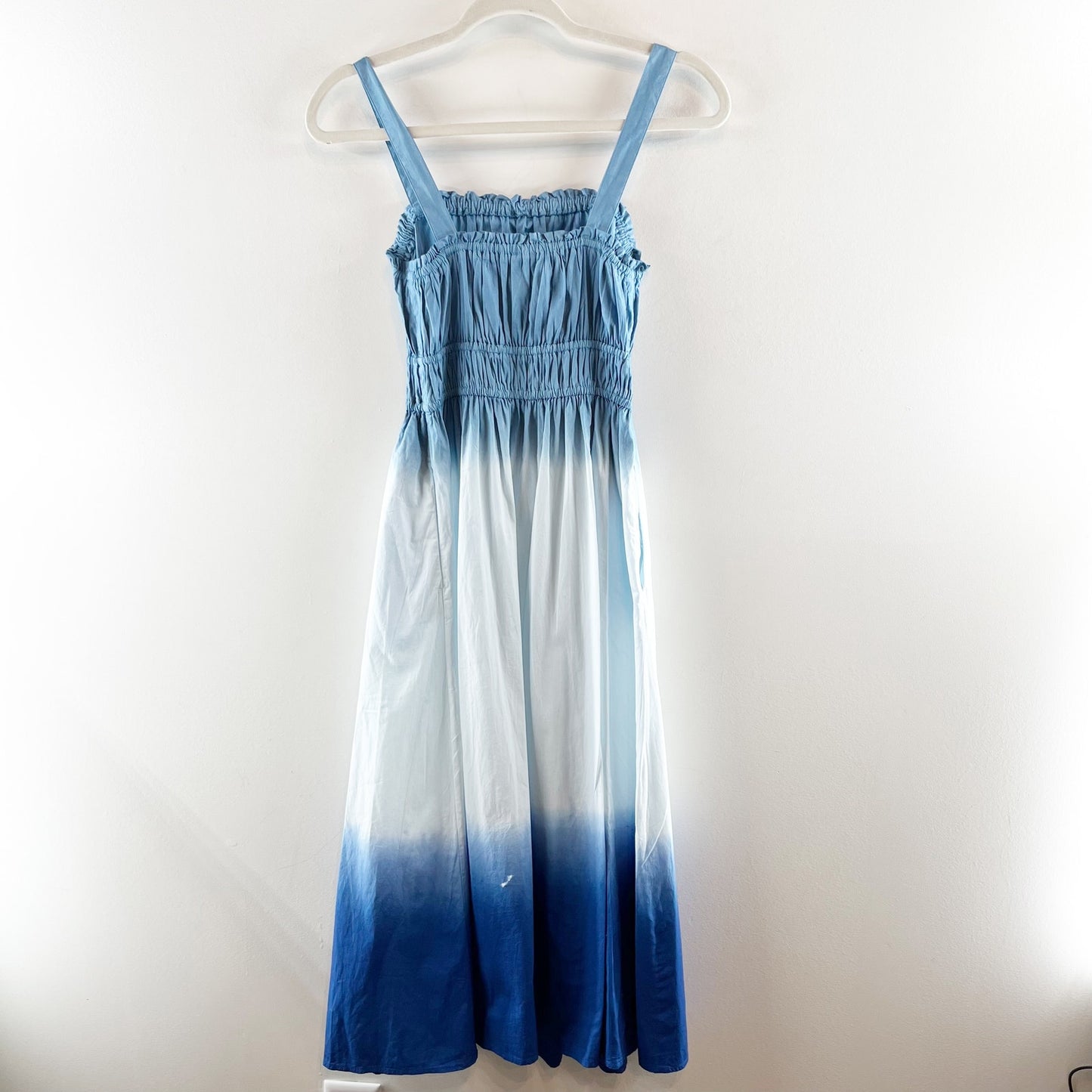 J. Crew Square Neck Smocked Waist Ombre Poplin Midi Dress Blue White XXS