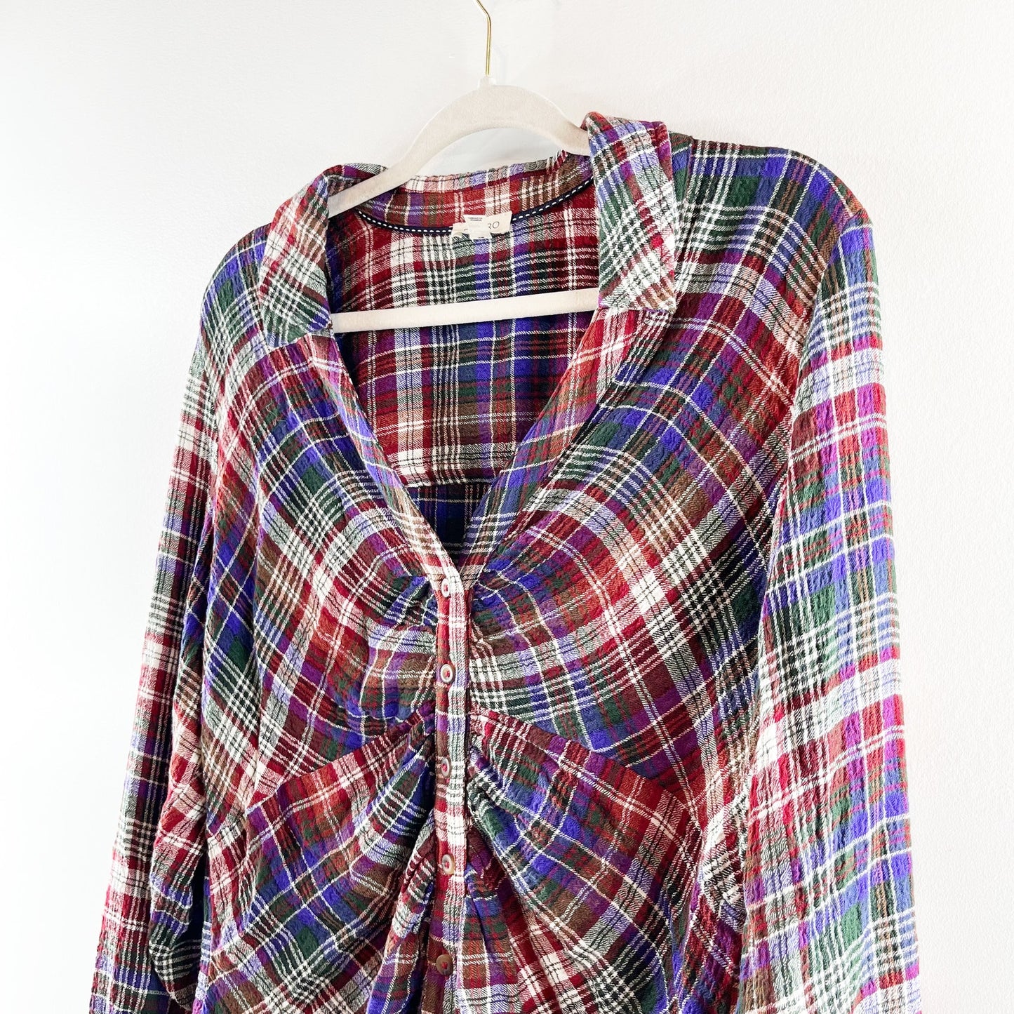 Anthropologie Pilcro Ruched Deep V Plaid Buttondown Shirt Blue Red Large