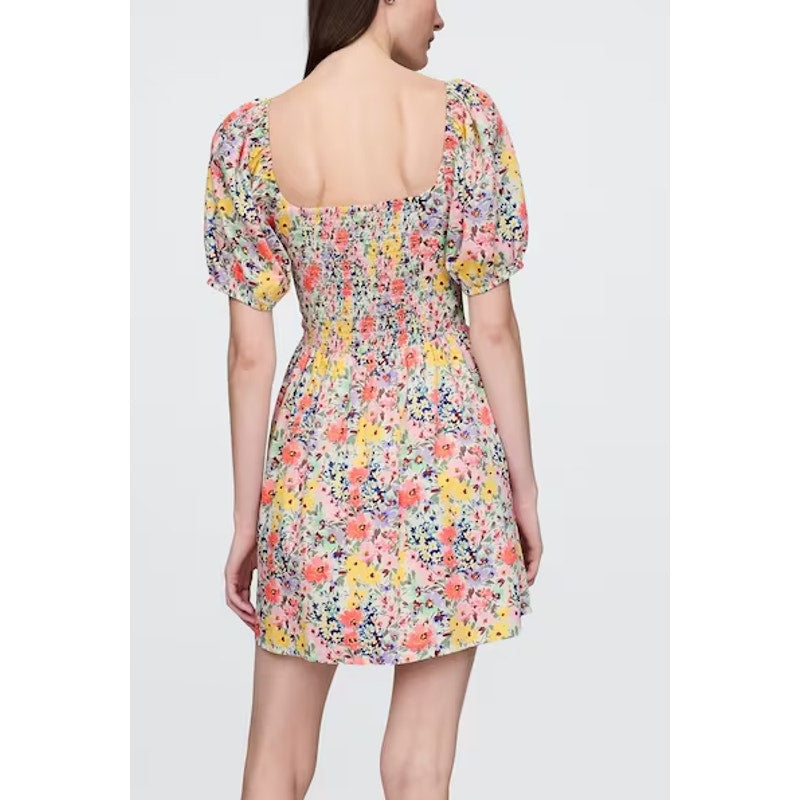 Gap Floral Puff-Sleeve Square Neck Smocked Babydoll Mini Dress Multicolor XS