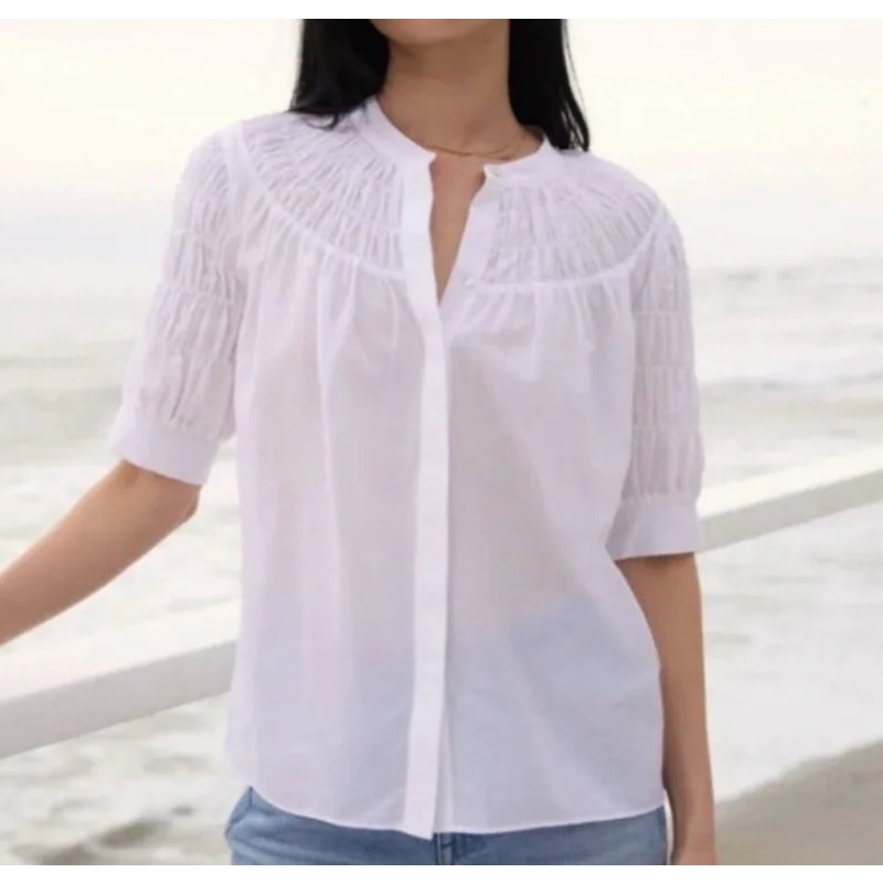 AYR Love Spell Shirred High Neck Elbow Length Cotton Silk Top Blouse White Small