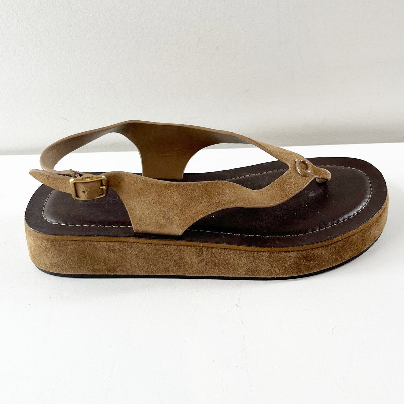 Coach Sculpted C Platform Suede Thong Sandals Coconut Tan Brown 6.5