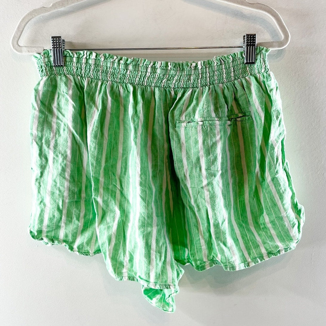 Aerie Linen Blend Striped Pull On Smocked High Waisted Shorts Celebrity Green L
