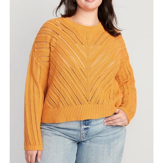 Old Navy Cropped Chevron Open Knit Long Sleeve Crewneck Sweater Orange 2X