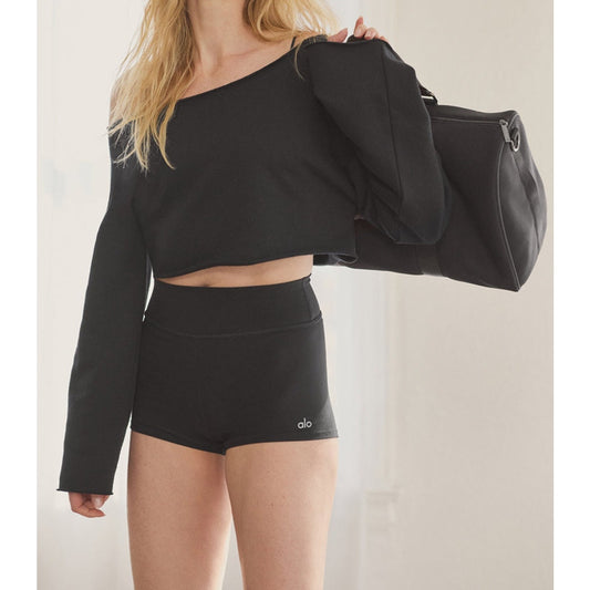 Alo Cropped Barre Shoulder Long Sleeve Cover Up Sweatshirt Black XS