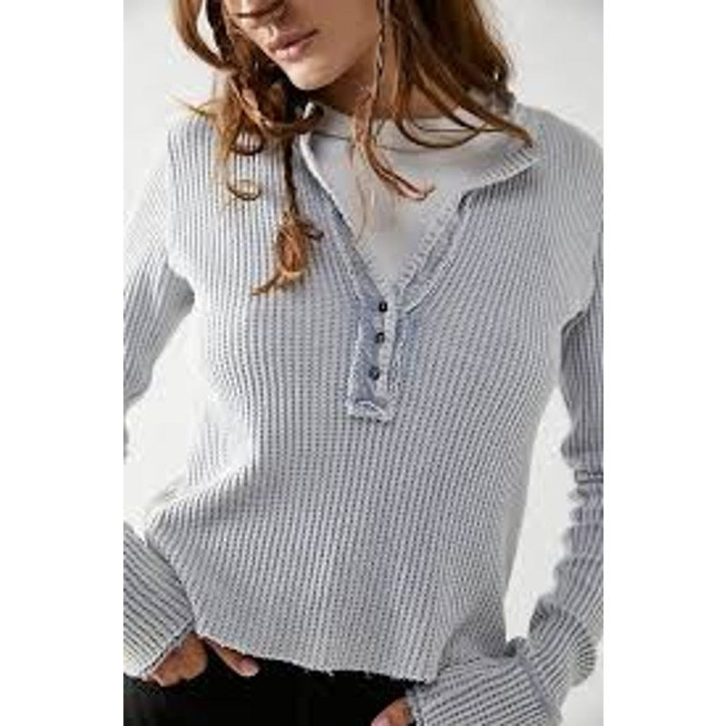 FP One by Free People Colt Thermal Waffle-Knit Long-Sleeve Henley Top Blue Large