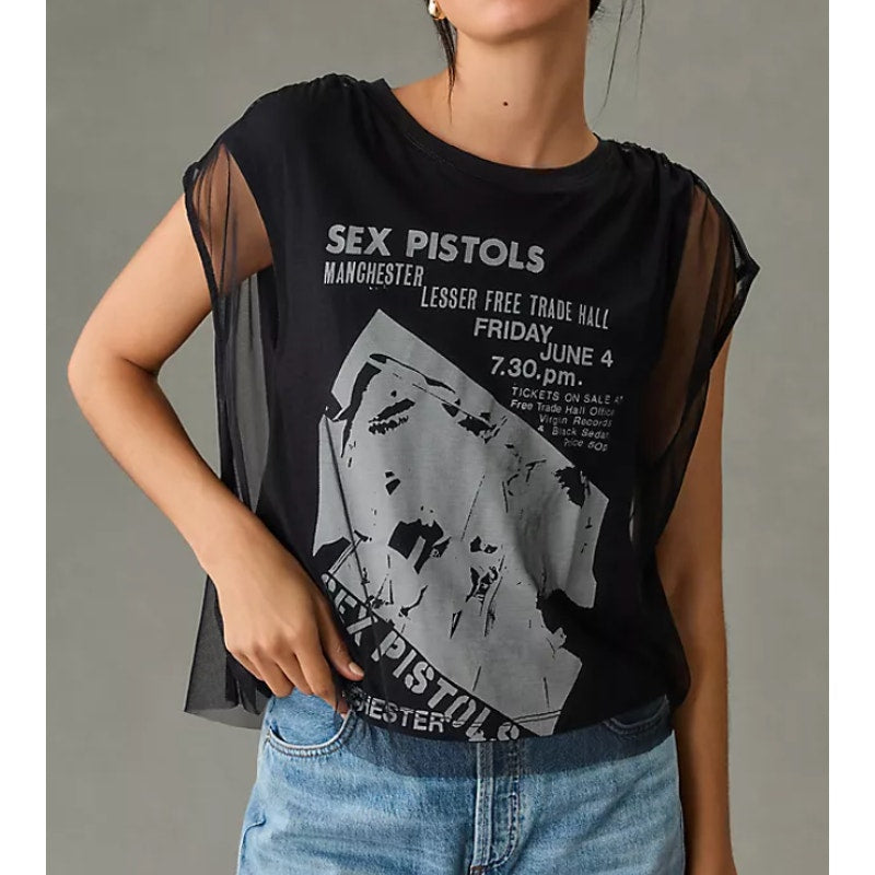 Pilcro Anthropologie Cap Short Sleeve Mesh Graphic Band Tee Shirt Black Large