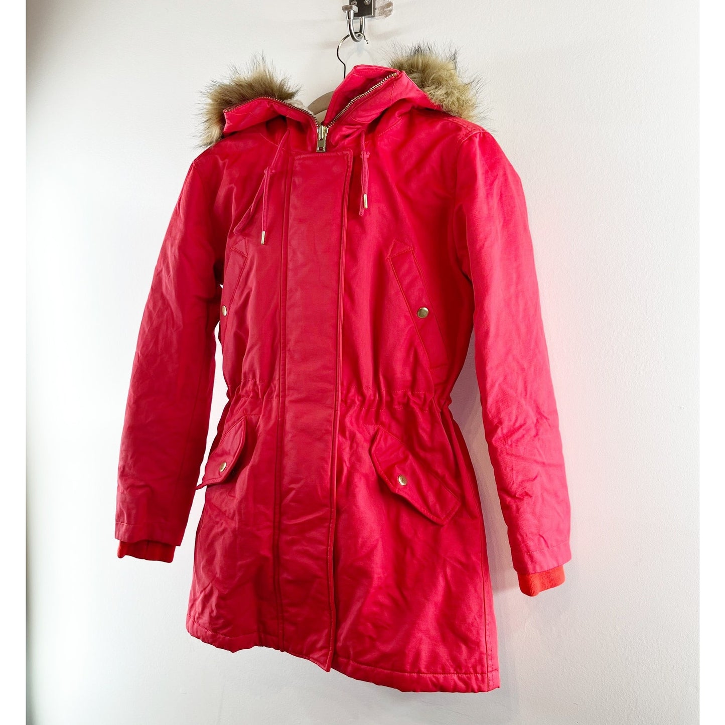 J. Crew Perfect Winter Parka Coat Jacket Faux Fur Trim Hood Red XXS